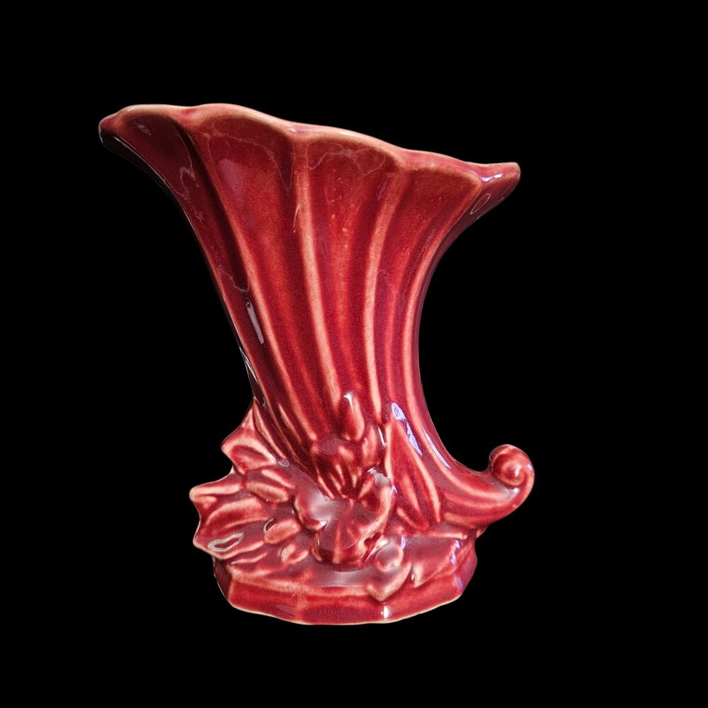 McCoy Pottery Red Floral Fan Vase Art Deco Style Vintage Ceramic Vase READ